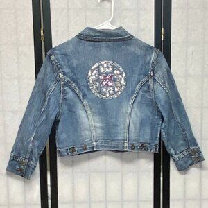 Boom Boom Jeans Sequin Sparkle Back Moto Denim Jacket Full Zip Medium Wash L